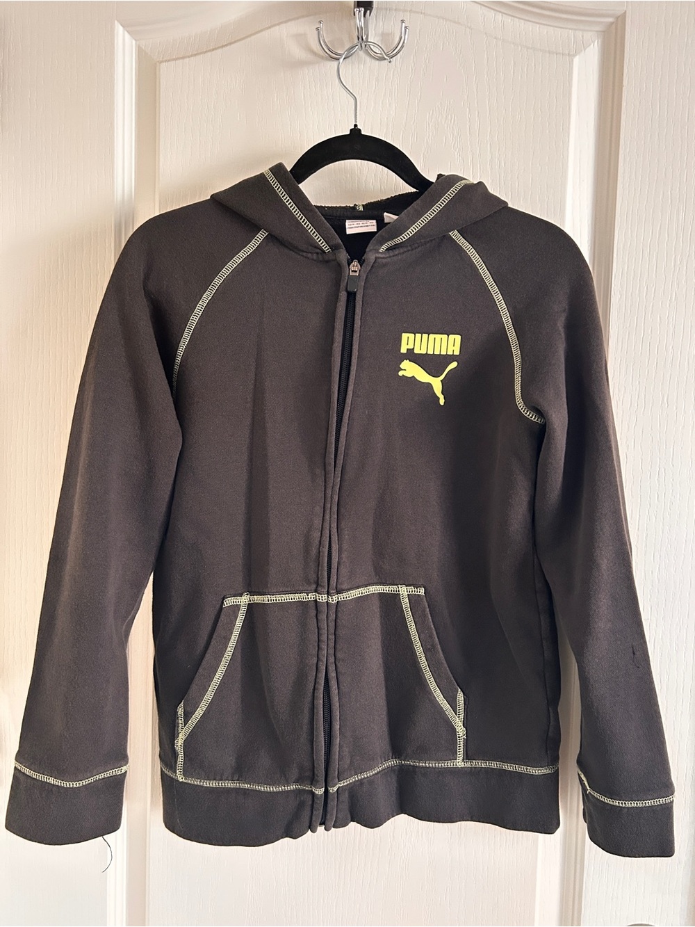 Puma Kids Black Hoodie with Neon Yellow Logo and Stitching